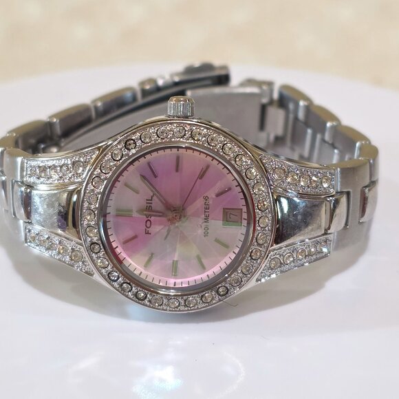 FOSSIL BLUE Pink Dial Rivoli Crystal 100M Quartz Watch Jeweled Bezel Band AM4026 main image 11